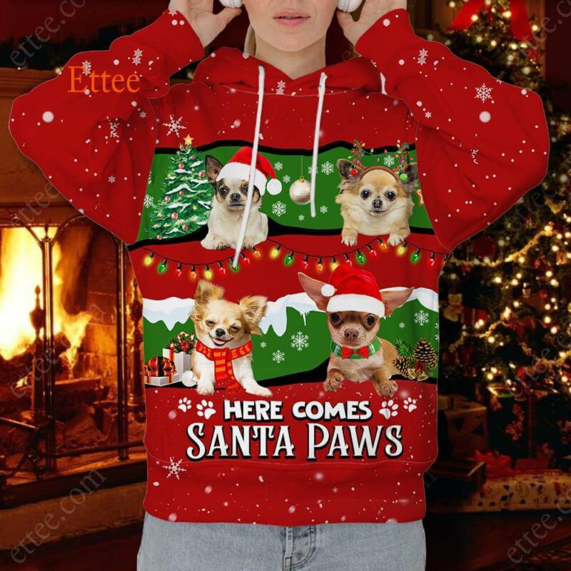 Chihuahua Cute Dog 3D Unisex Hoodie, Here Comes Santa Paws - Ettee - 3D