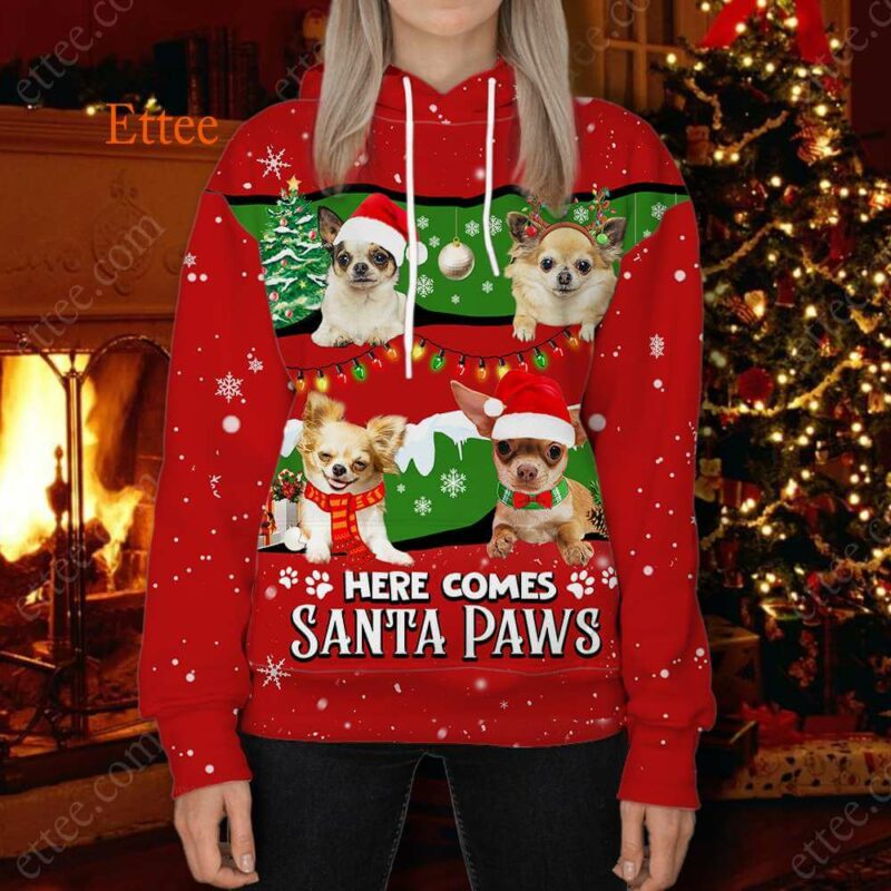 Chihuahua Cute Dog 3D Unisex Hoodie, Here Comes Santa Paws - Ettee - 3D