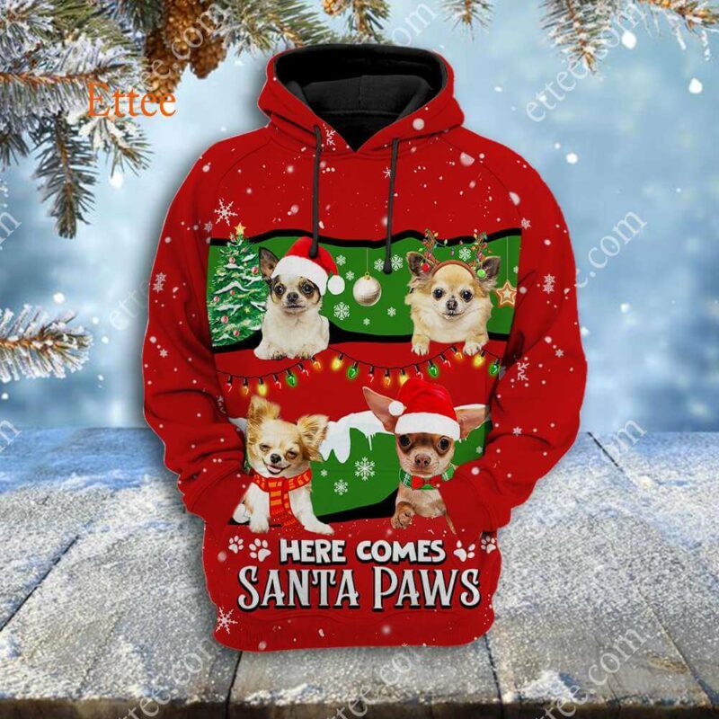 Chihuahua Cute Dog 3D Unisex Hoodie, Here Comes Santa Paws - Ettee - 3D