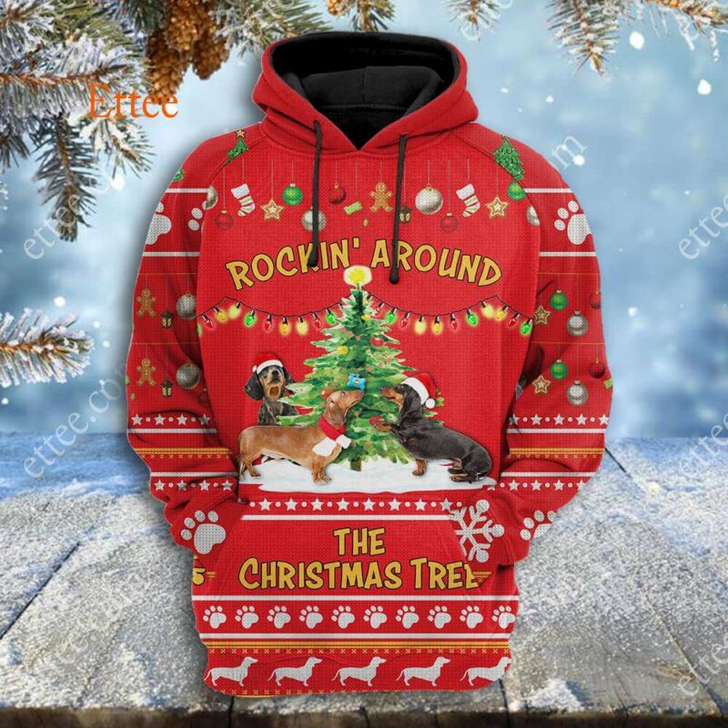 Dachshund 3D Unisex Hoodie, Rockin' Around The Christmas Tree - Ettee - 3D