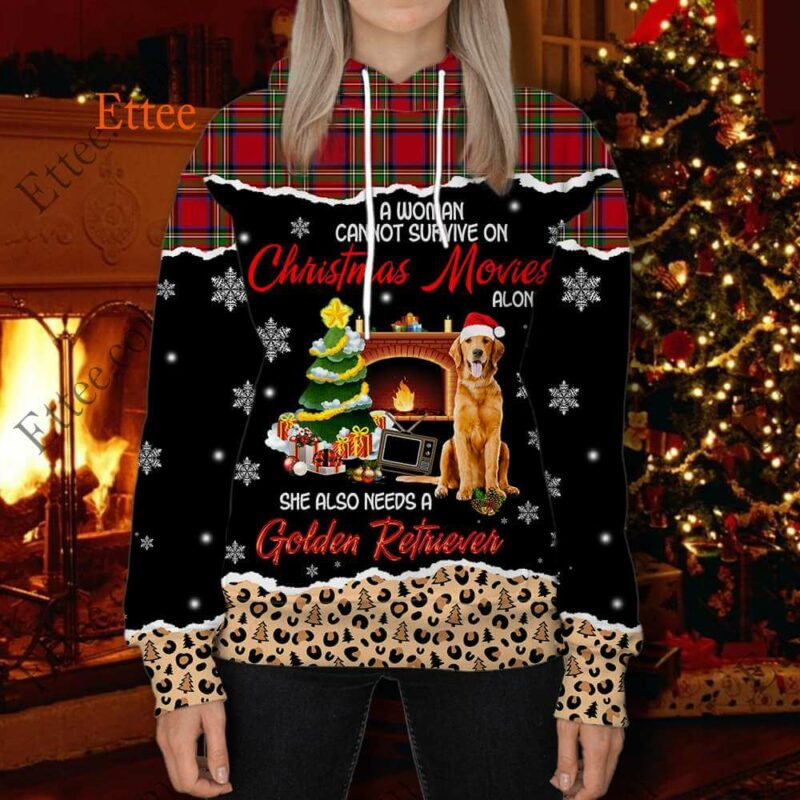 Golden Retriever 3D Hoodie, A Woman Cannot Survive On Christmas Movies Alone - Ettee - 3D Hoodie