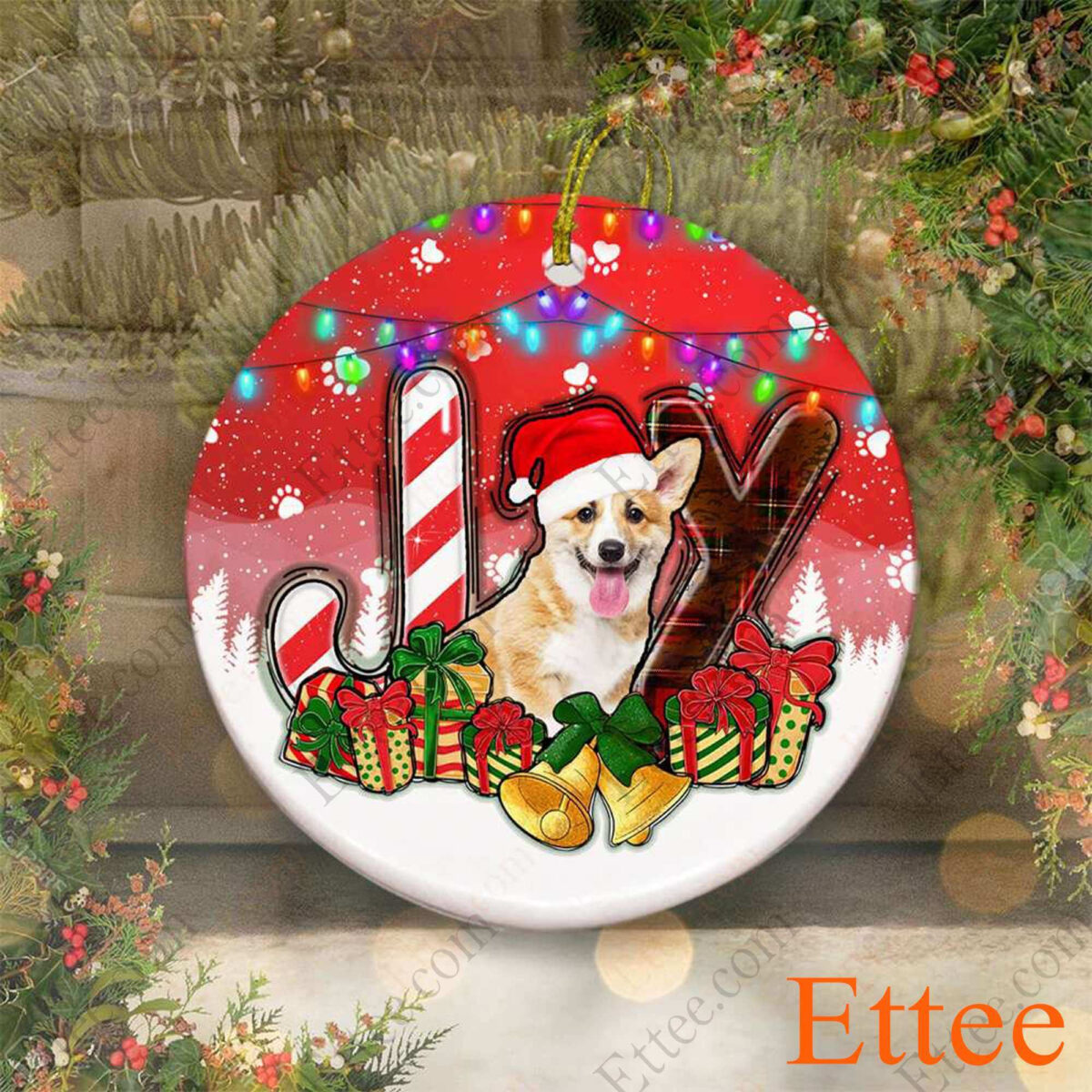 Corgi Dog Ceramic Ornament, JOY Christmas Gift for Dog Lover - Ettee - Ceramic ornament