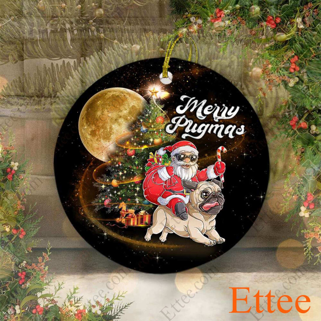 Pug Santa Riding Ceramic Ornament, Merry Pugmas