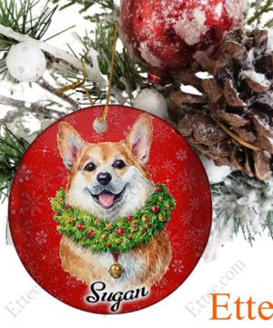 Watercolor Corgi Dog Ceramic Custom Name Ornament Christmas - Ettee - Ceramic