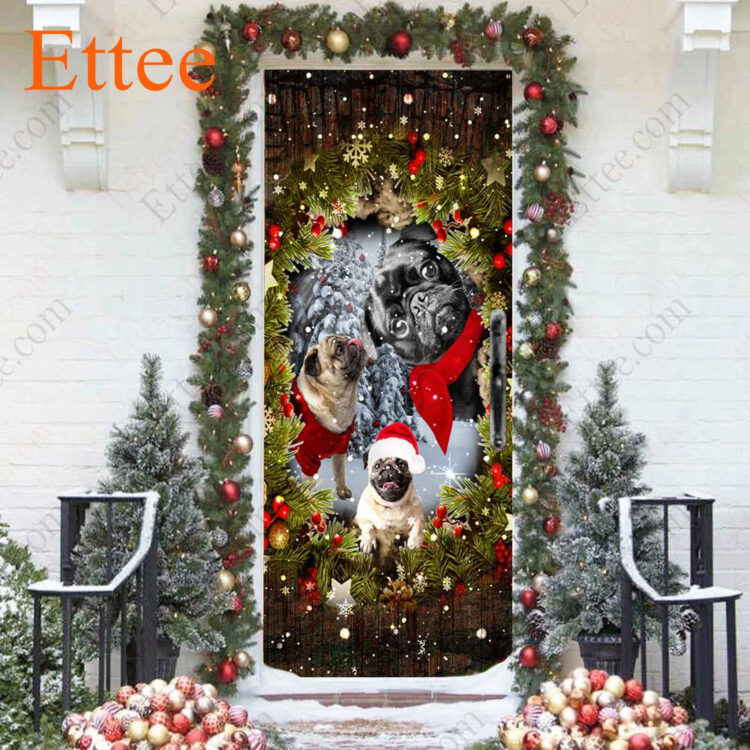 Pugs Peeking Dogs Door Cover, 2022 Christmas Home Decoration For Pug Lovers - Ettee - 2022