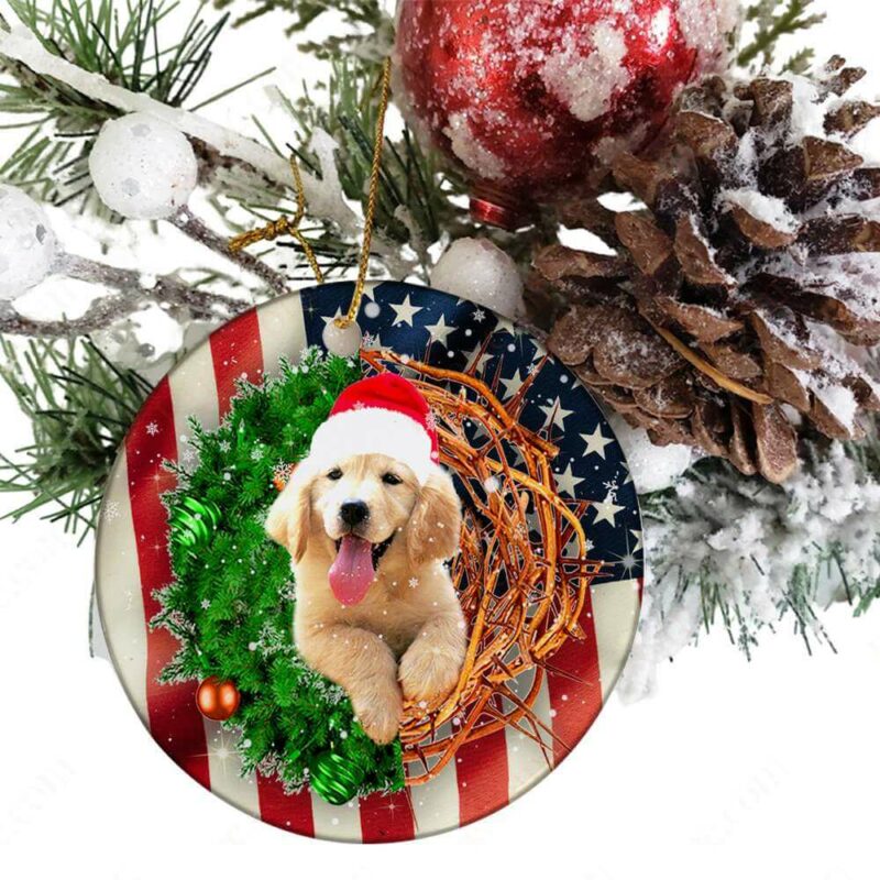 Golden Retriever American Wreath Ceramic Ornament, Perfect Gift 2022 - Ettee - 2022