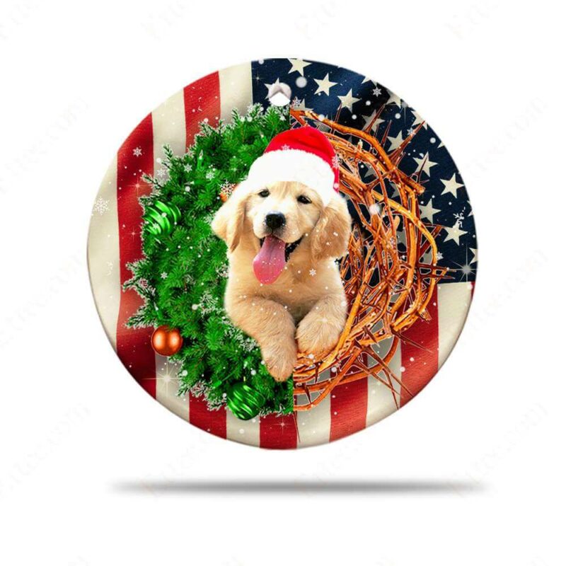 Golden Retriever American Wreath Ceramic Ornament, Perfect Gift 2022 - Ettee - 2022