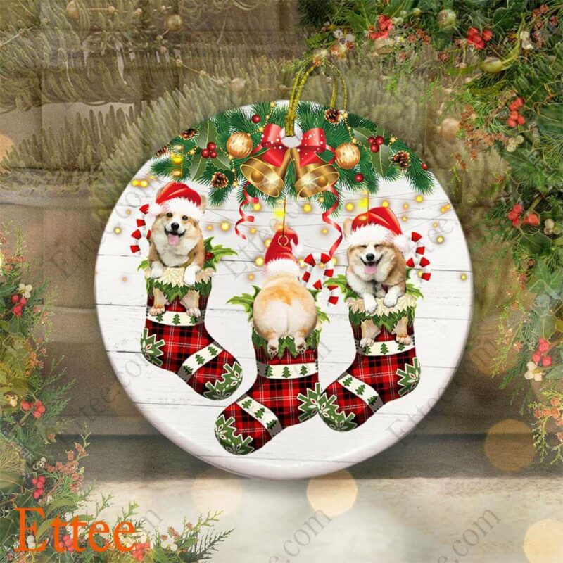 Cute Corgis In Socks Ceramic Ornament, Christmas 2022 Gift For Dog Lovers - Ettee - Ceramic ornament