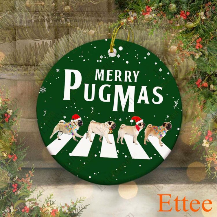 Pug Round Ceramic Ornament , Merry Pugmas 2022 - Ettee - Ceramic ornament