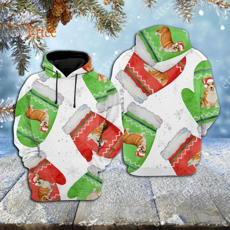 Corgi Cute Gloves Christmas 3D Unisex Hoodie - Ettee - 3D