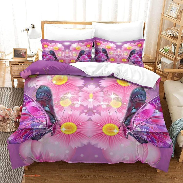 3-Piece Girls Pink Butterfly Bedding Set. Smooth And Durable. Close Stitching - King - Ettee