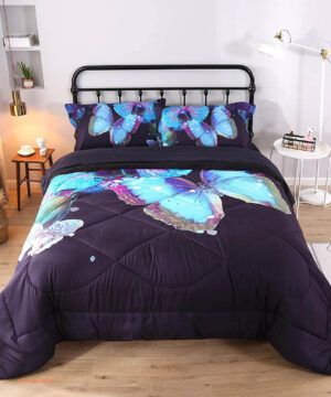 3D Blue Butterfly Comforter Sets Twin Butterfly and Flowers Black Pattern Bedding Set - King - Ettee