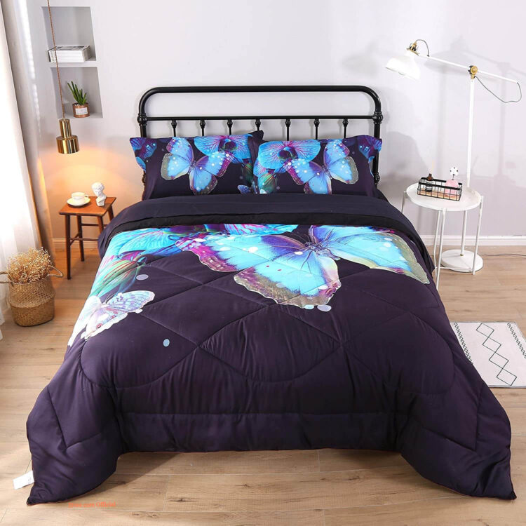 3D Blue Butterfly Comforter Sets Twin Butterfly and Flowers Black Pattern Bedding Set - King - Ettee
