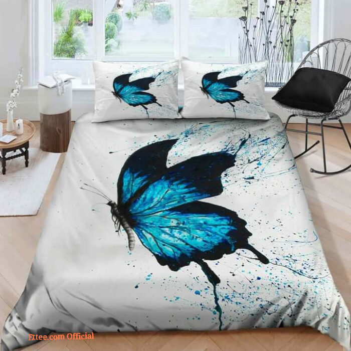 3D Blue Butterfly Painting Cotton Bed Sheets Spread Comforter Bedding Sets - King - Ettee