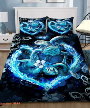 3D Couple Sea Turtle Making Blue Heart Cotton Bed Sheets Spread Comforter Duvet Cover Bedding Sets - King - Ettee