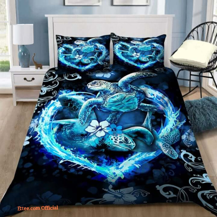 3D Couple Sea Turtle Making Blue Heart Cotton Bed Sheets Spread Comforter Duvet Cover Bedding Sets - King - Ettee