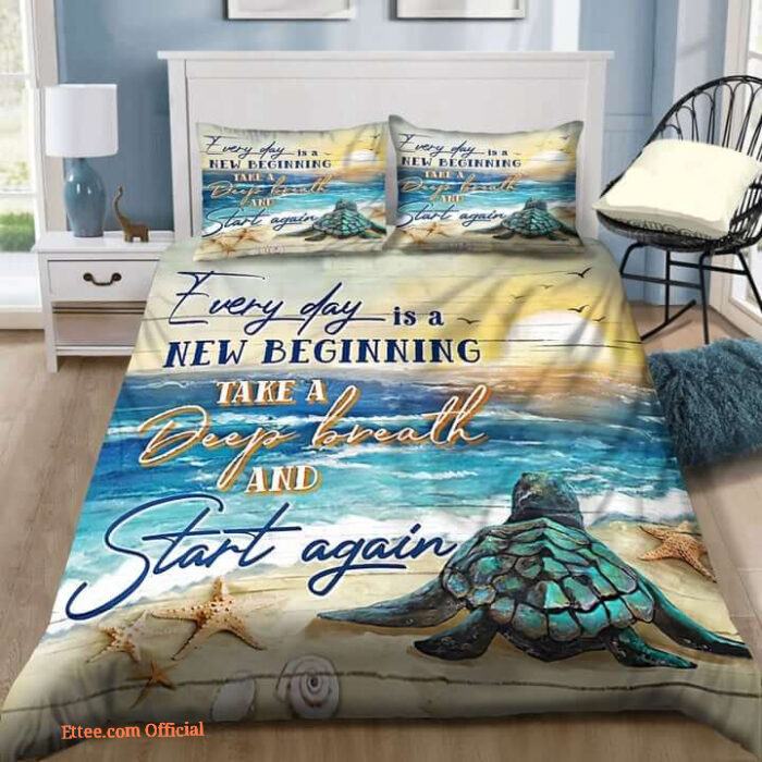 3D Sea Turtle Everyday Is A New Beginning Take A Deep Breath And Start Again Cotton Bed Sheets Spread Comforter Duvet Cover Bedding Sets - King - Ettee