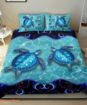 3D Sea Turtle She Keeps Me Wild He Keeps Me Save Cotton Bed Sheets Spread Comforter Duvet Cover Bedding Sets - King - Ettee