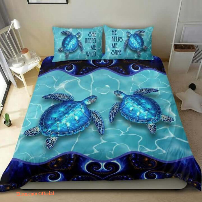 3D Sea Turtle She Keeps Me Wild He Keeps Me Save Cotton Bed Sheets Spread Comforter Duvet Cover Bedding Sets - King - Ettee
