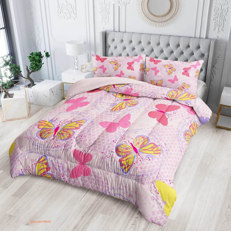 3D Yellow Pink Butterfly Bedding Set. Luxurious Smooth And Durable - King - Ettee