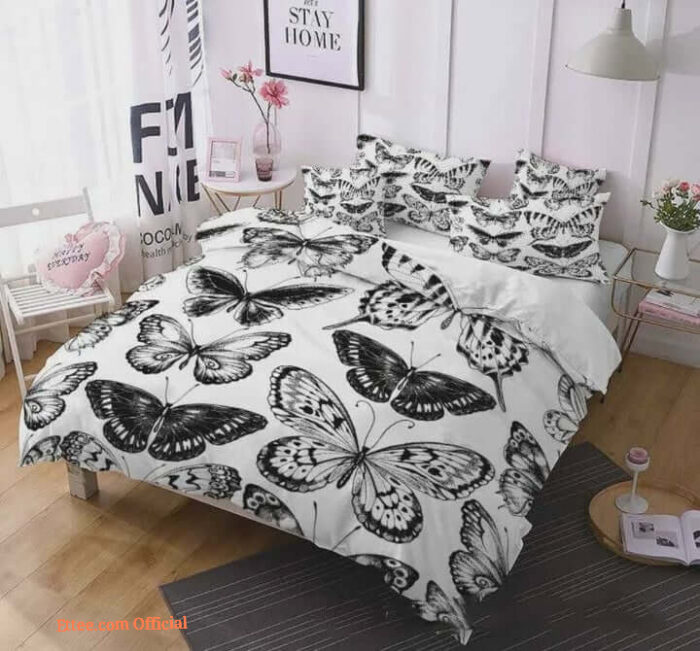 3d Black Butterfly White Cotton Bed Sheets Spread Comforter Bedding Sets - King - Ettee