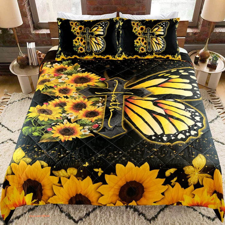 Butterfly Sunflower Bedding Sets Sunflower Butterfly Bedroom Decor - King - Ettee
