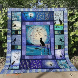 Black Cat Full Moon Night Blossom Flower Pet Lover Quilt Blanket - Super King - Ettee
