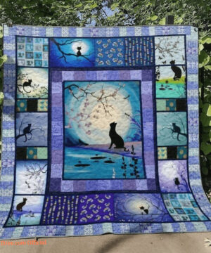 Black Cat Full Moon Night Blossom Flower Pet Lover Quilt Blanket - Super King - Ettee