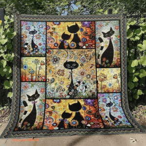 Black Cat Pet Lovers Floral Colorful Flower Art Vintage Style Quilt Blanket - Super King - Ettee