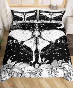 Black White Moth Psychedelic Hippie Bedding Set - King - Ettee