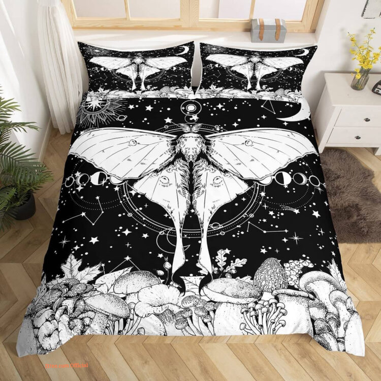 Black White Moth Psychedelic Hippie Bedding Set - King - Ettee