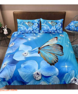 Blue Butterfly And Flower Bedding Set Bed Sheets Spread Comforter  Bedding Sets - King - Ettee