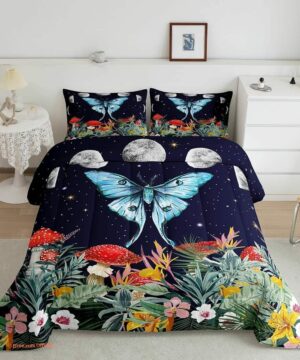 Blue Butterfly Comforter Set for Girls Women - Moon Phase Bedding Set - King - Ettee