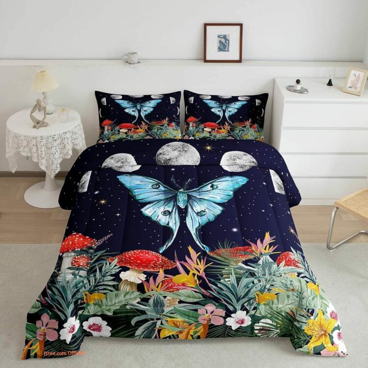 Blue Butterfly Comforter Set for Girls Women - Moon Phase Bedding Set - King - Ettee