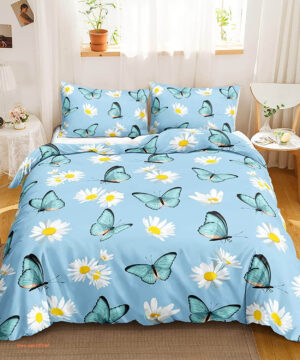 Blue Butterfly Daisy Floral 3 Piece Bedding Set. Luxurious Smooth And Durable - King - Ettee