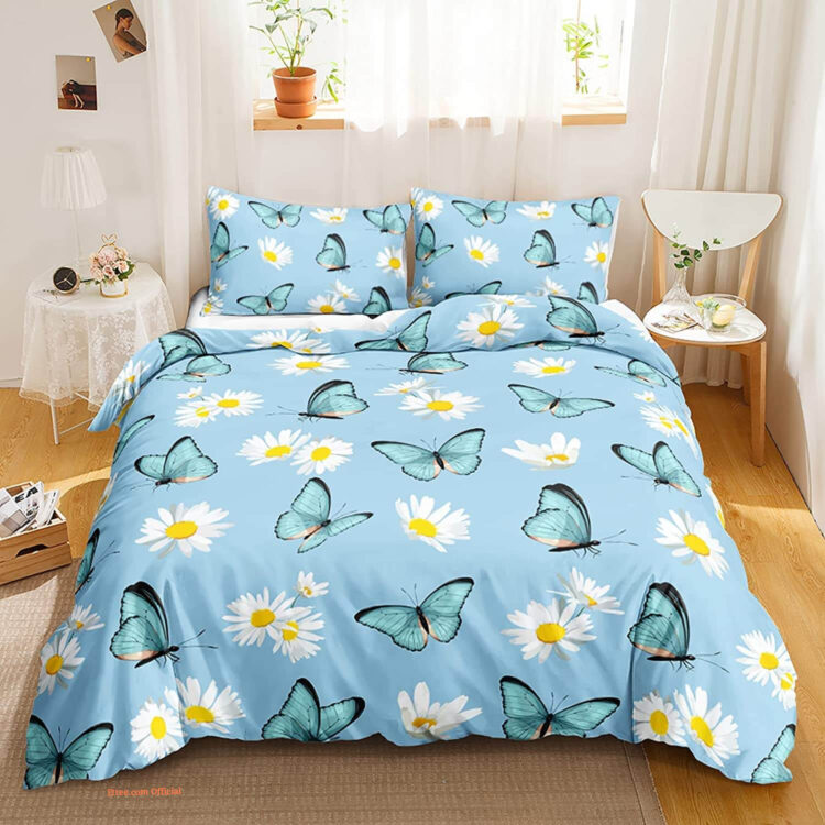 Blue Butterfly Daisy Floral 3 Piece Bedding Set. Luxurious Smooth And Durable - King - Ettee