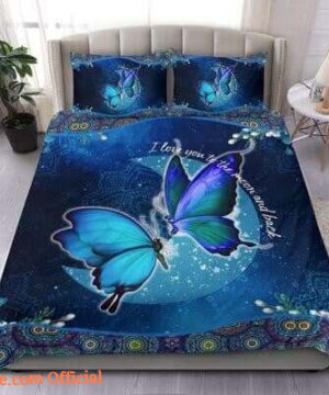 Blue Butterfly Pattern I Love You To The Moon And Back Bed Sheets Spread Comforter Bedding Sets - King - Ettee