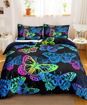 Blue Butterfly Psychedelic Mystic Black 3 Piece Bedding Set - King - Ettee