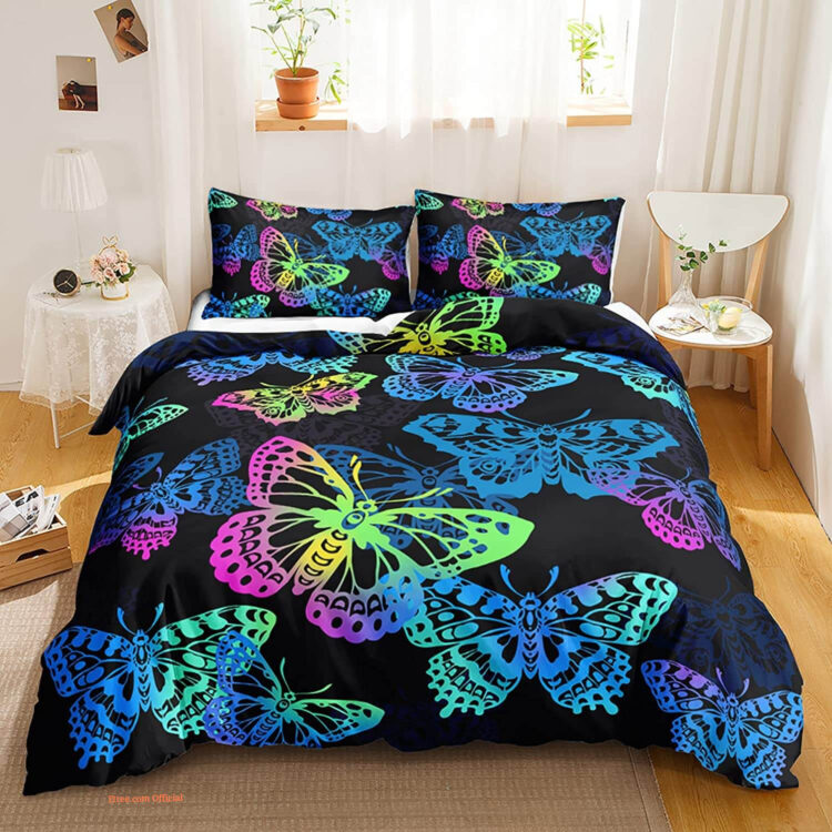 Blue Butterfly Psychedelic Mystic Black 3 Piece Bedding Set - King - Ettee