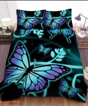 Blue Purple Ombre Butterfly Cotton Bed Sheets Spread Comforter Bedding Sets - King - Ettee