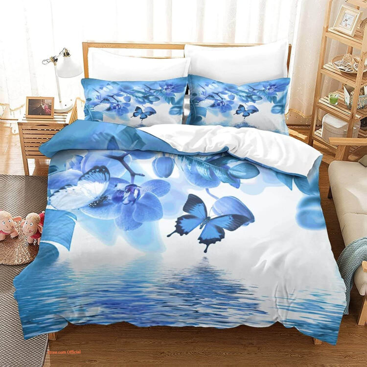 Blue Quilt  Butterfly Tree Bedding Set. Smooth And Durable. Close Stitching - King - Ettee