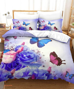 Blue Quilt Set Double 3 Piece Butterfly Tree Bedding Set - King - Ettee