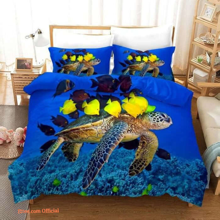 Blue Sea Turtle Under Sea Cotton Bed Sheets Spread Comforter Duvet Cover Bedding Sets - King - Ettee