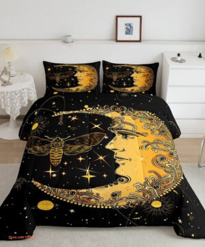 Boho Moth Bedding Set Full Black Yellow Sun and Moon Ettee - King - Ettee