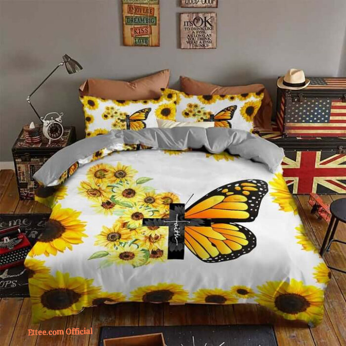 Butterfly And Sunflower Faith Cotton Bed Sheets Spread Comforter  Bedding Sets - King - Ettee