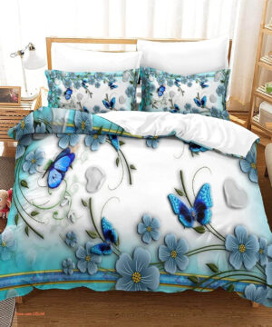 Butterfly Blue Butterfly Plum Branch Bedding Set. Luxurious Smooth And Durable - King - Ettee