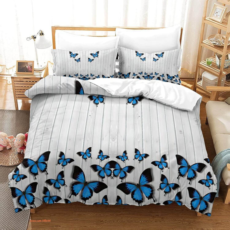 Butterfly Blue Butterfly Rustic Wood Plank Bedding Set - King - Ettee