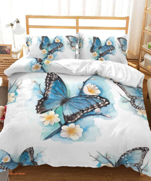 3D - Butterfly Blue Watercolor Butterfly Bedding Set. Luxurious Smooth And Durable - King - Ettee