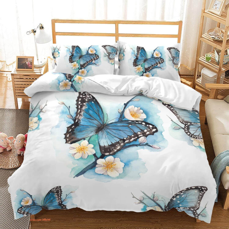 3D - Butterfly Blue Watercolor Butterfly Bedding Set. Luxurious Smooth And Durable - King - Ettee