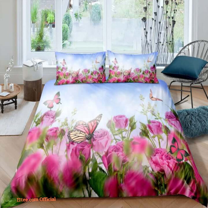 Butterfly In Flower Garden Bed Sheets Bedding Sets - King - Ettee